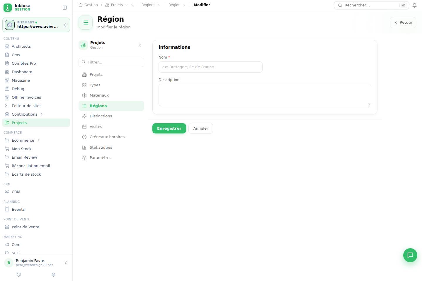 Projets — Modifier — Régions