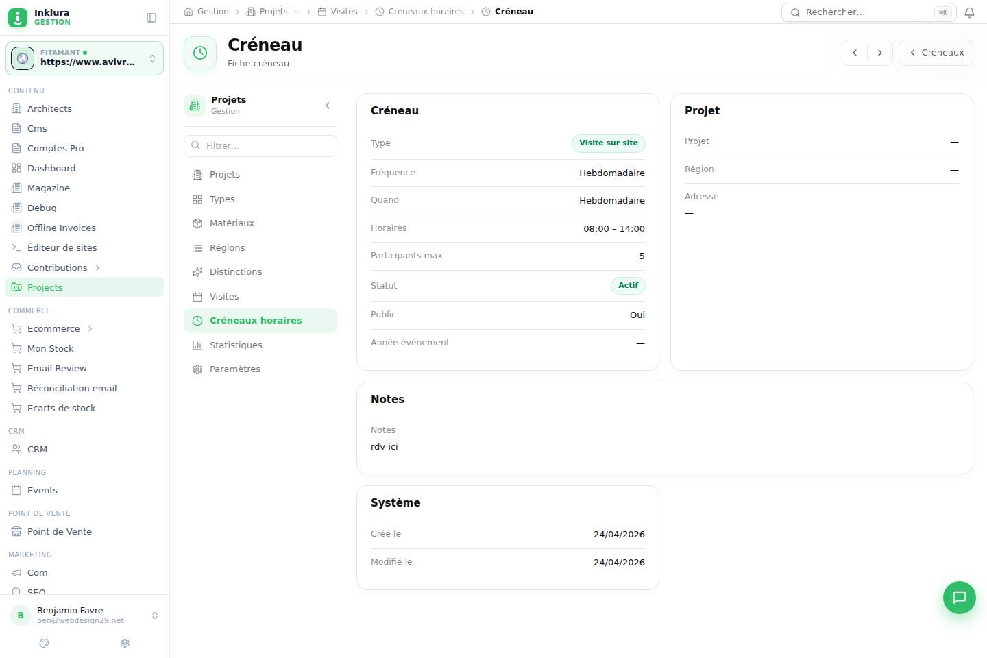 Projets — Fiche — Gestion des visites · Créneaux horaires