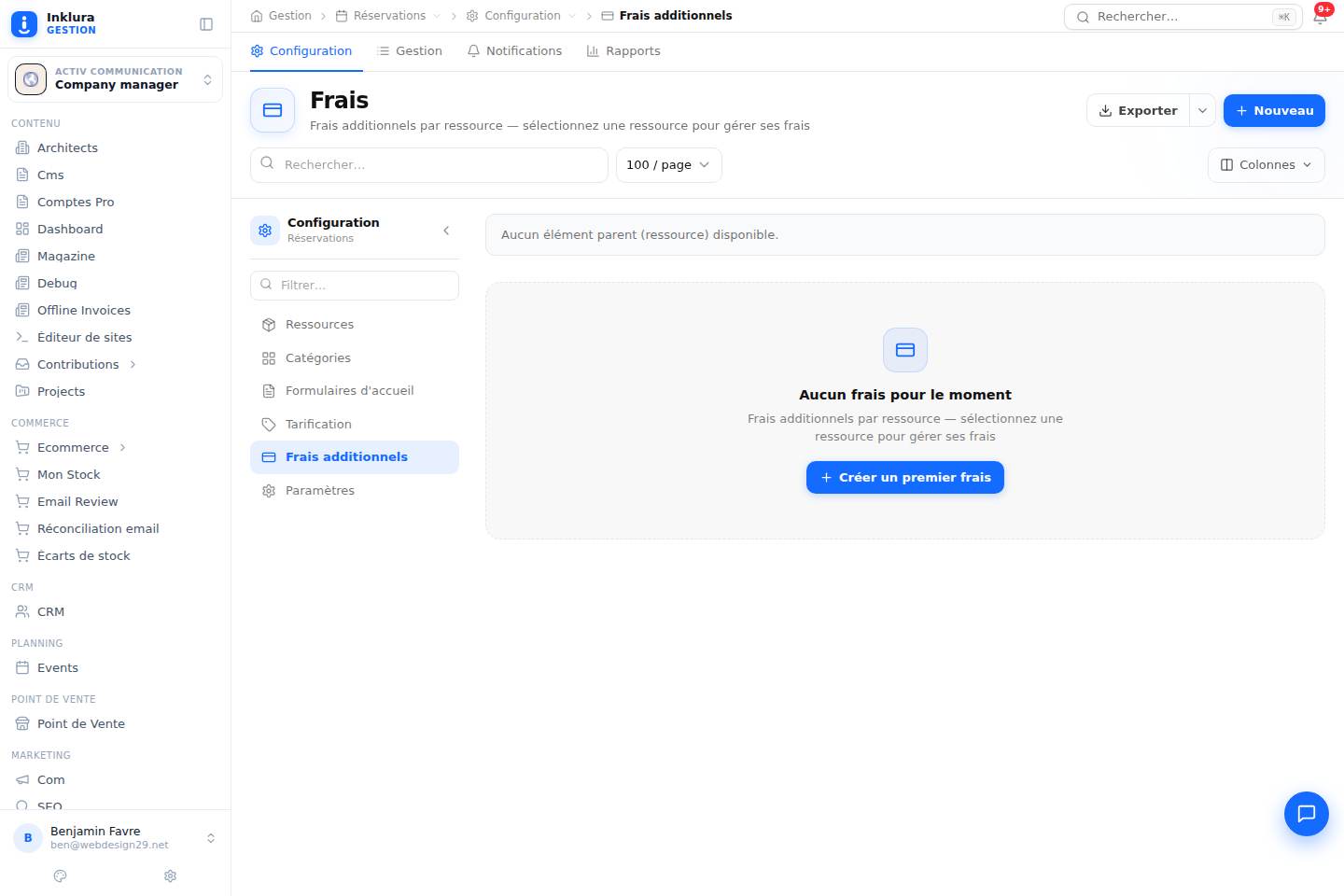 Réservations — Configuration · Fees