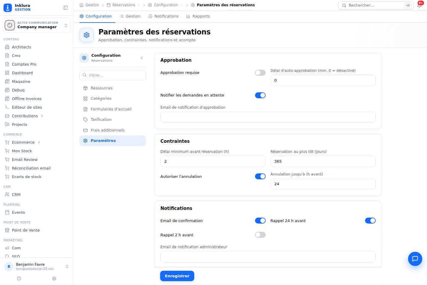 Réservations — Configuration · Réglages