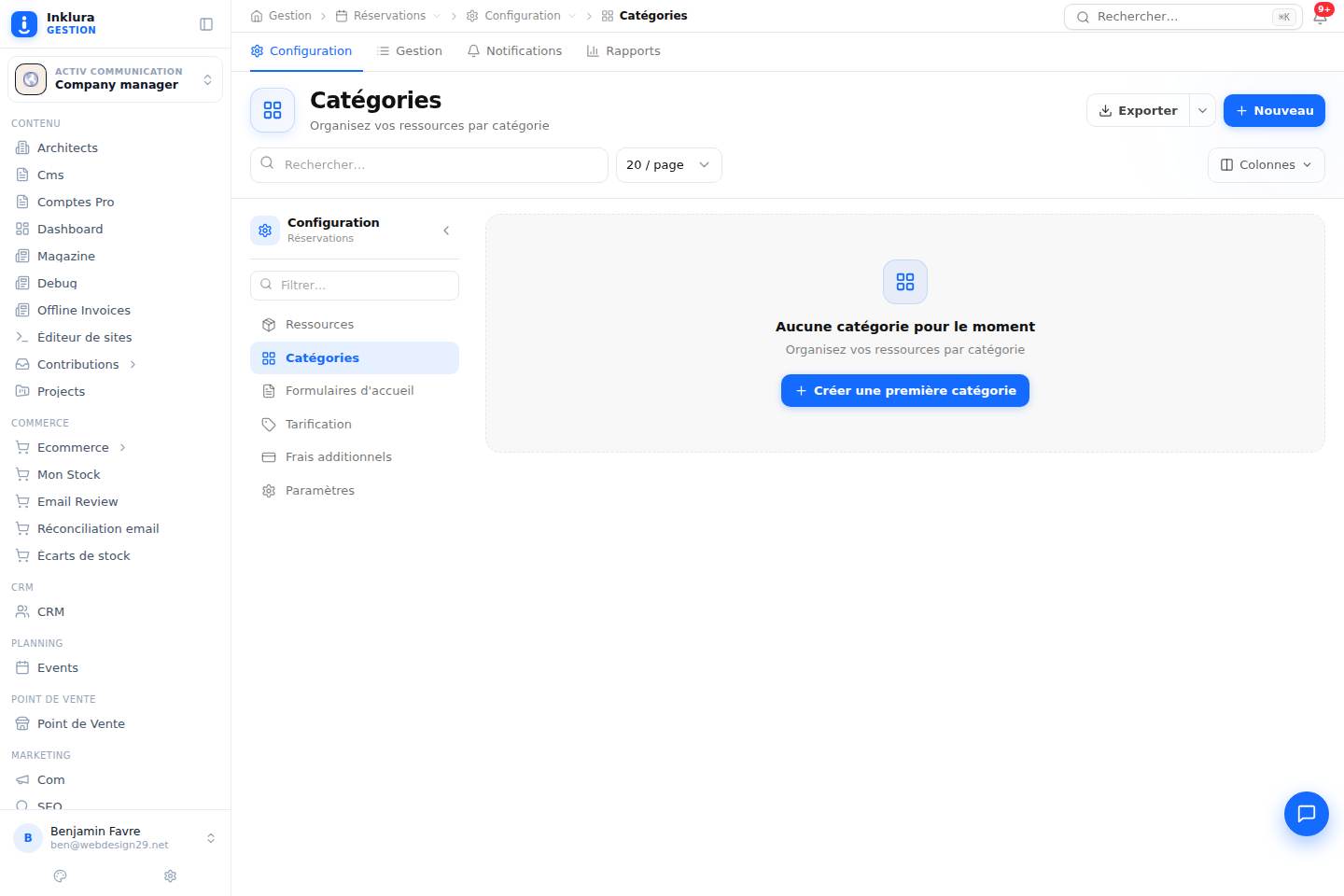 Réservations — Configuration · Catégories