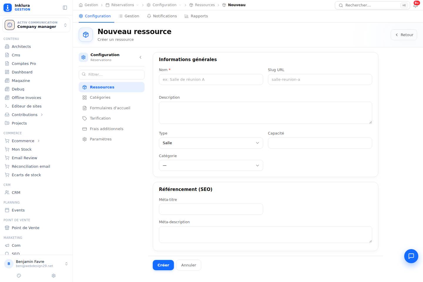 Réservations — Créer — Configuration · Ressources